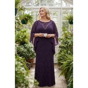 VTG Ursula Switzerland Lace Gown Women 12 Purple Sequin Capelet Evening Formal